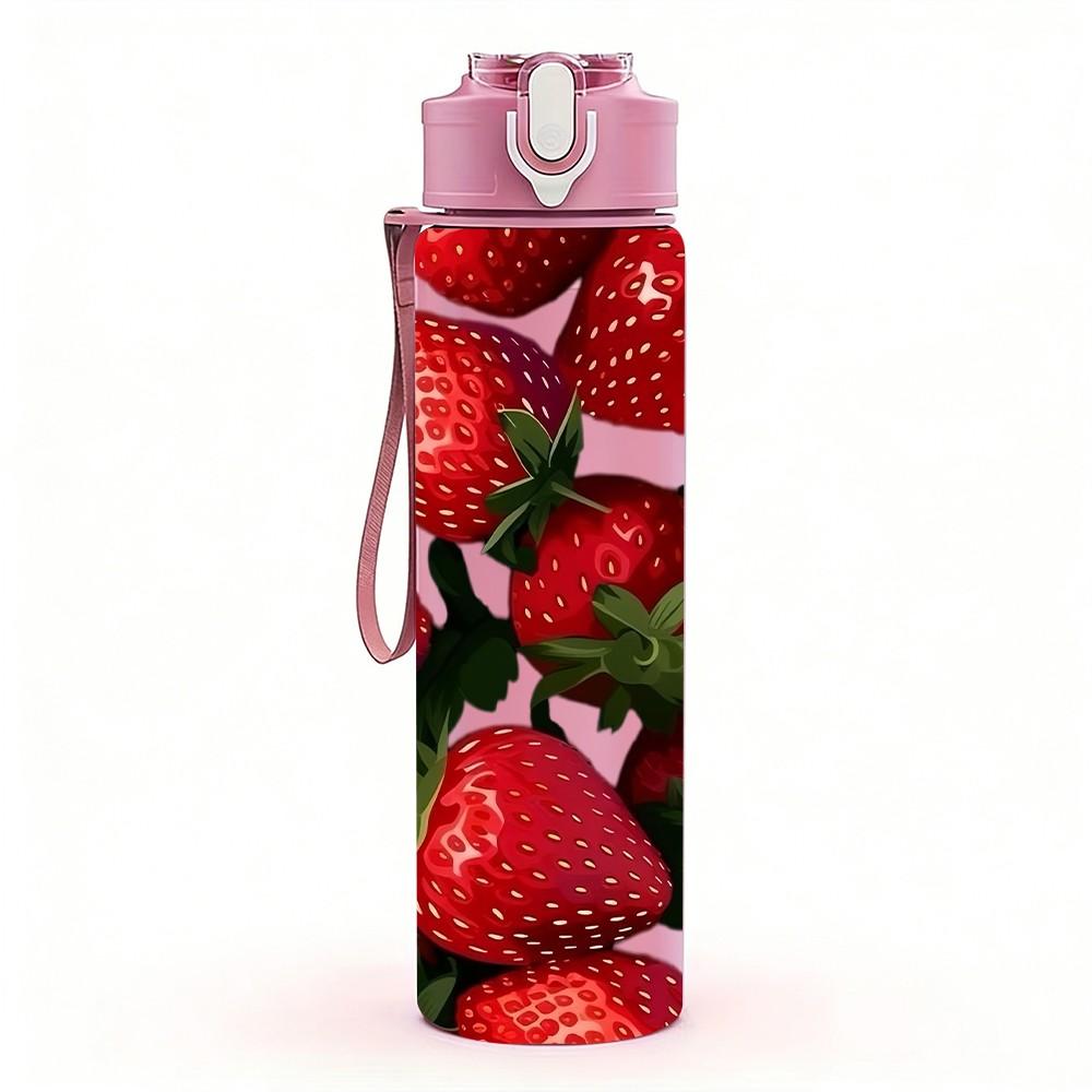 1PC Fresh Ripe Red Strawberry Fruit Print 750ml Color Plastic Sports Water Bottle Leakproof Flip Straw Lid Suitable for Sports Office Home Use