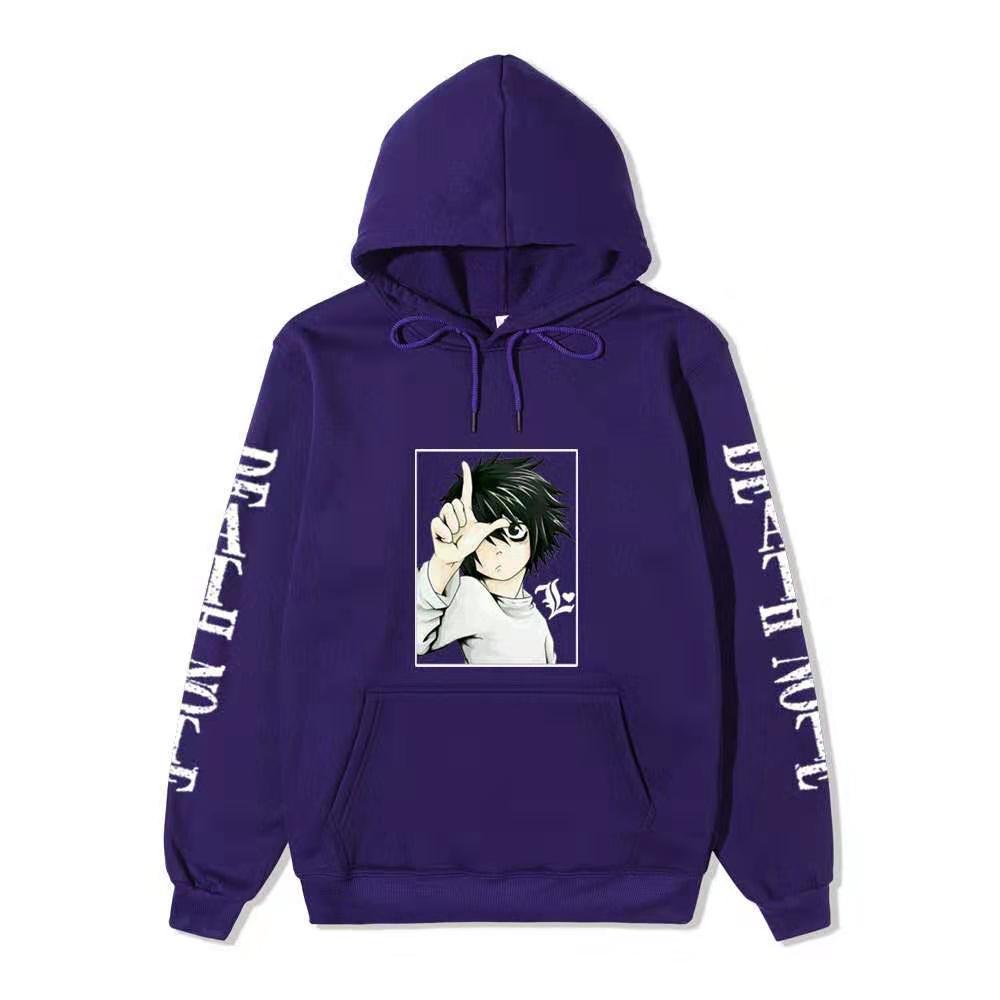 Men Women Fleece Hoodie Death Note L Portrait Two Sleeve Vertical White Text Anime Casual Hooded Sweatshirt