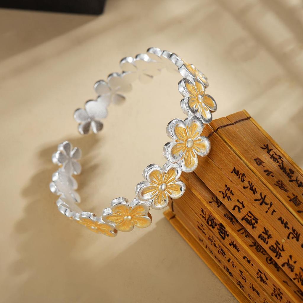 Peach Blossom Enamel Bracelet: Silver-Plated White Copper Bangle in New Chinese National Style