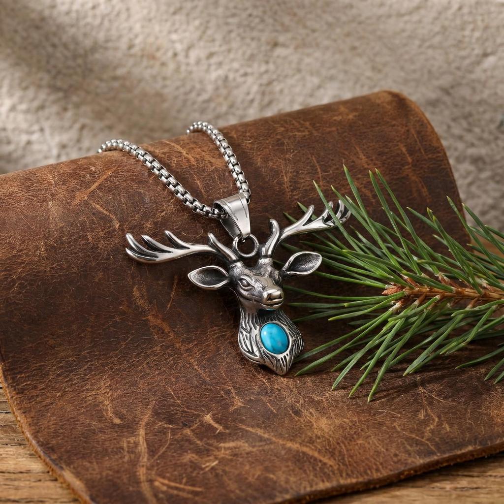 Nordic Forest 3D Carved Deer Head Pendant with Turquoise Inlay – 304L Stainless Steel Necklace