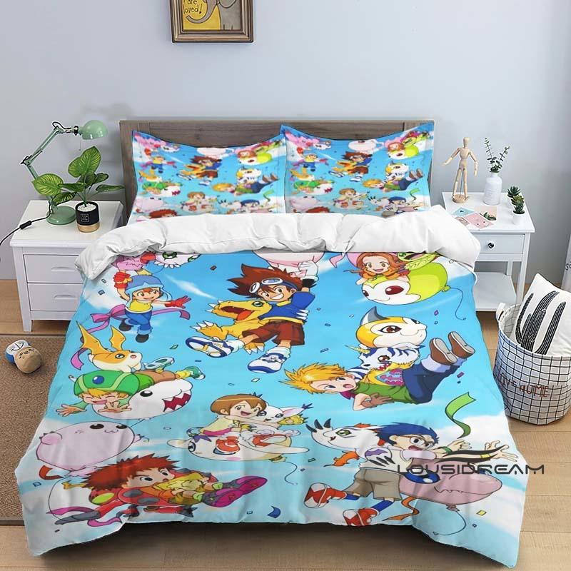 Digimon Cartoon 3D-Printed Bedding Set—Includes Duvet Cover and Pillowcases—Available for Single, Double, King, and Queen-Sized