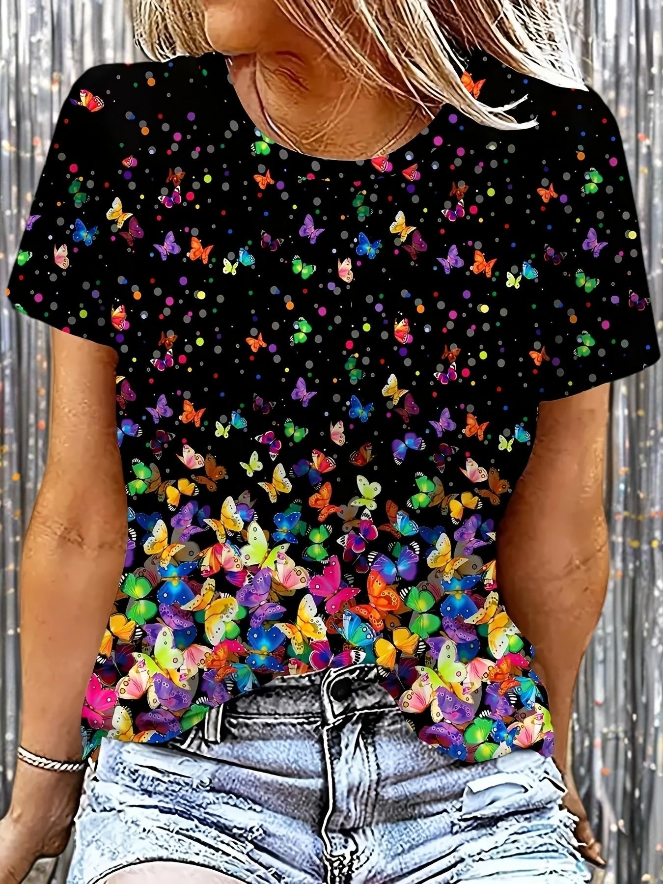 

Butterfly Print Round Neck T-Shirt. SpringSummer Casual Short Sleeve Top. Women s Clothing M дубильная кора