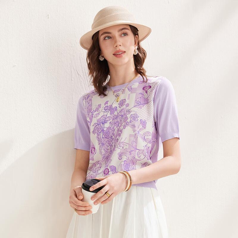 Women's Floral Mulberry Silk Short-Sleeve Knit Top