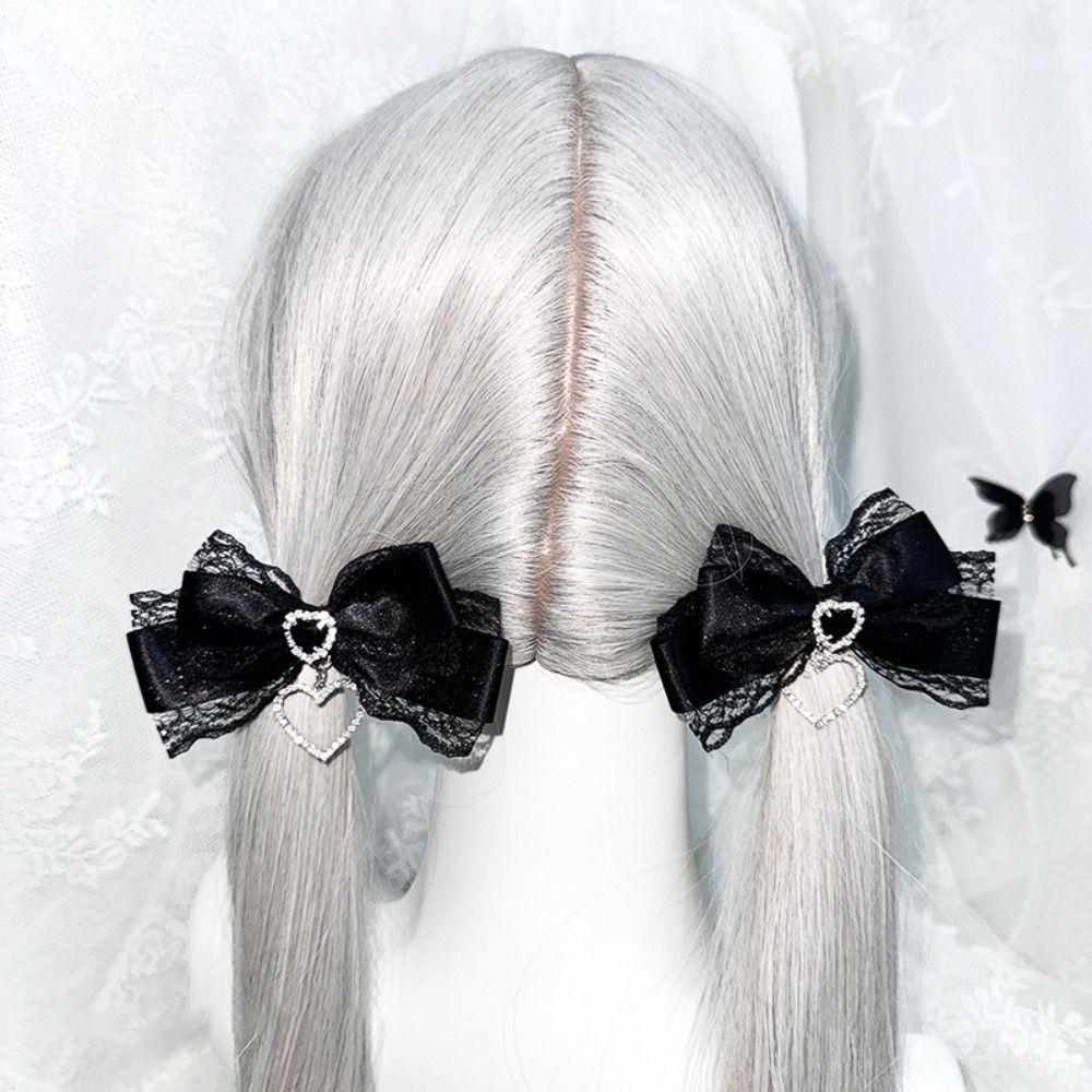 1/2Pc Heart Pendant Lace Bow Hair Clips Y2k Style Ponytail Hairpins Kawaii Gothic Hair Clips Anime