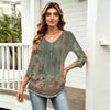Women 3/4 Sleeve V Neck Button Detail Floral Print Tunic Top Casual Lightweight Blouse for Everyday Wear
