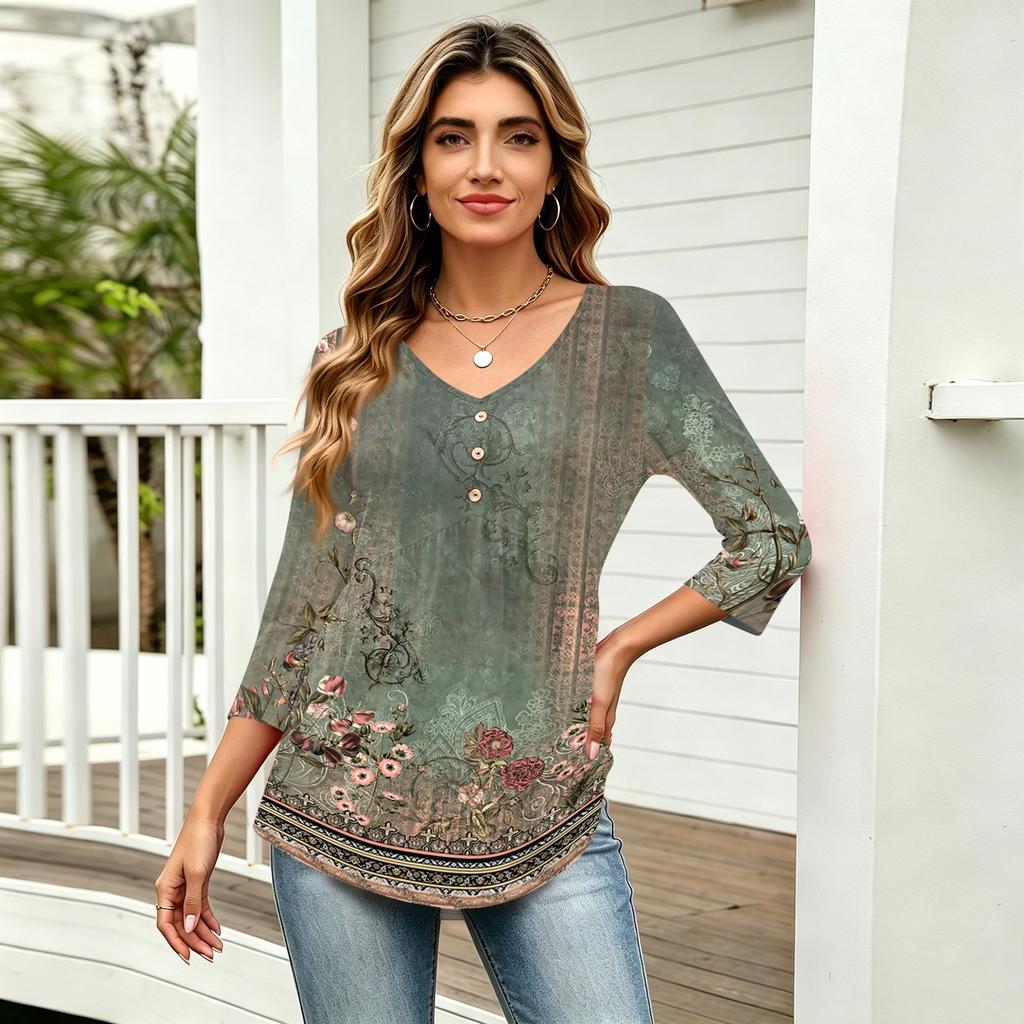 Women 3/4 Sleeve V Neck Button Detail Floral Print Tunic Top Casual Lightweight Blouse for Everyday Wear