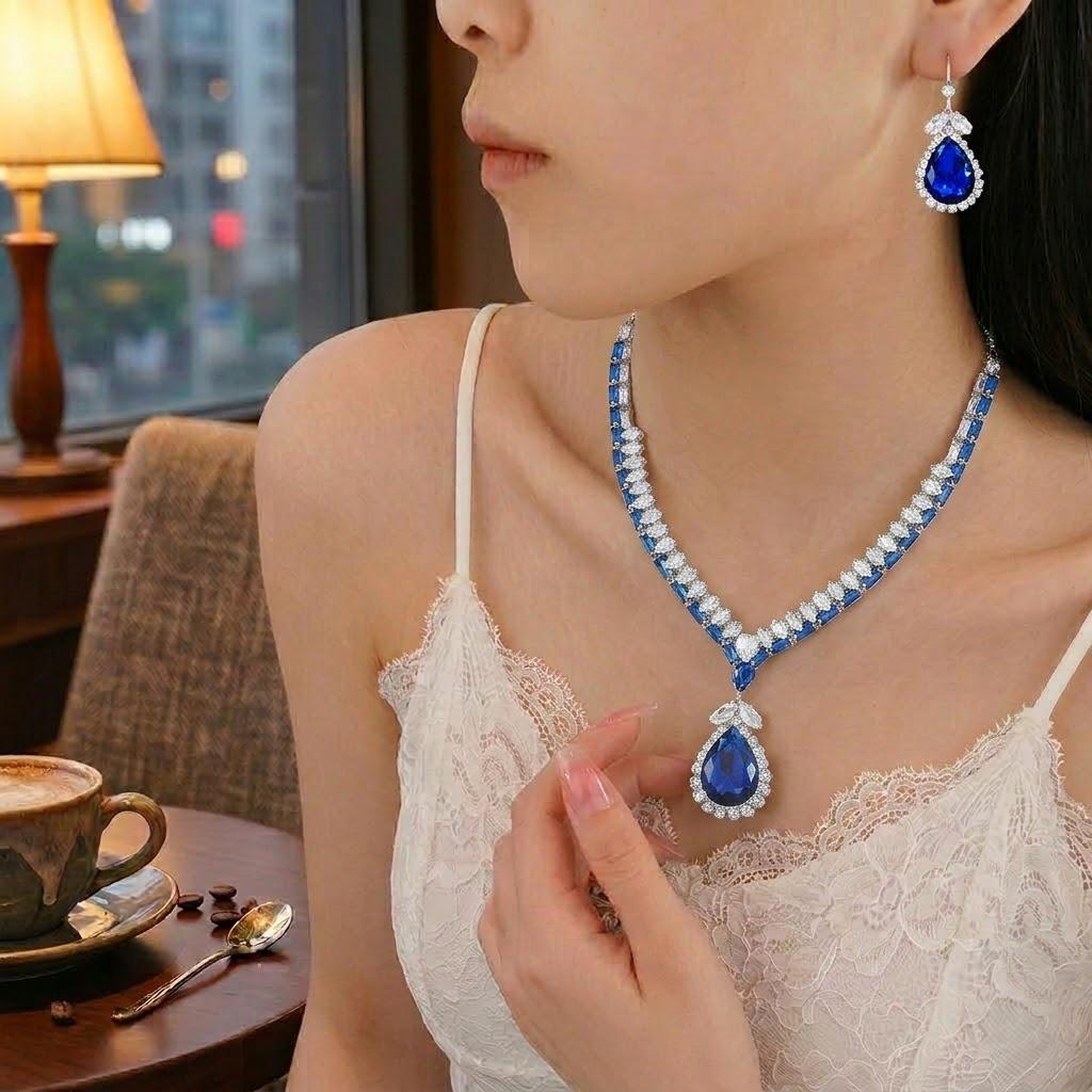 Trendy Blue Water Drop Zircon Earrings & Necklace Set