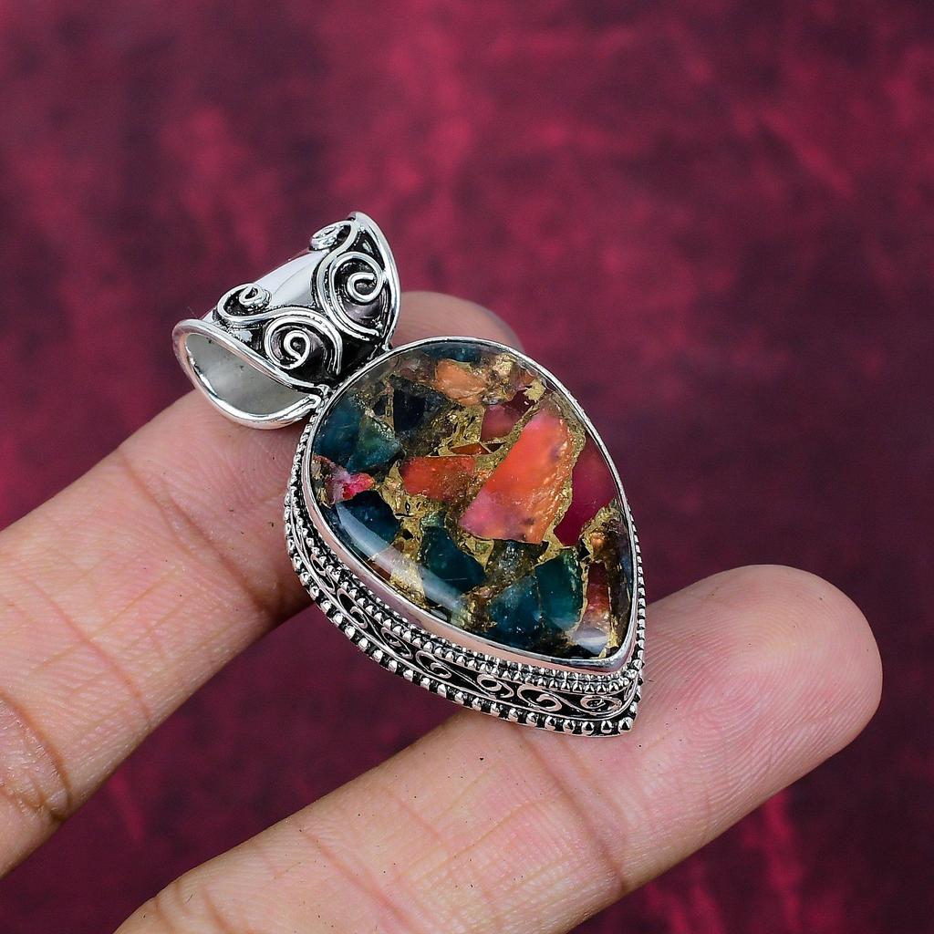 Multi Copper Turquoise Handmade Gemstone Pendant, 925 Solid Sterling Silver Pendant Beautiful Jewelry, Designer Pendant