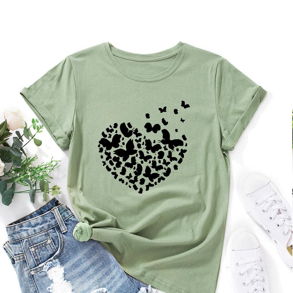 Baumwoll-T-Shirt Kurzarm Rundhals Damen 2D-Druck Tops