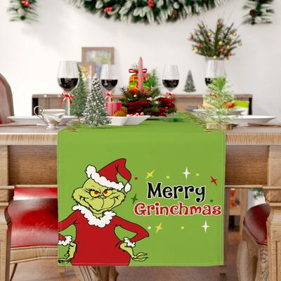 Leinengrüner Weihnachts-Tischläufer, fröhliche Tischdecke, Weihnachten, Feiertage, Tischdekoration