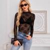 Dames Sheer Kant Mesh Lange Mouw Slim Fit Semi Hoge Hals Casual Basis Blouse