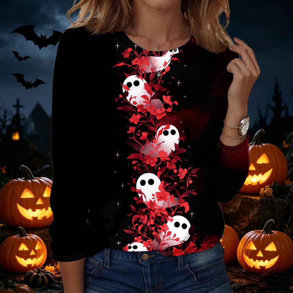 Women's Halloween Printed Crewneck Long Sleeve Pullover Sweatshirt Casual Fit Lightweight Top for Seasonal Wear