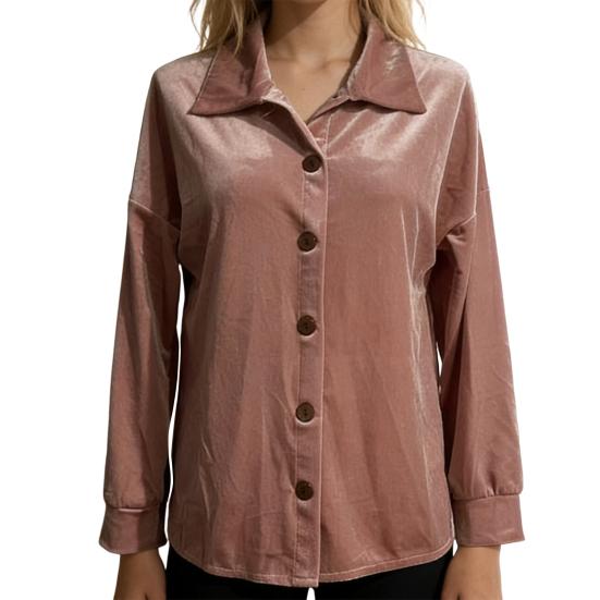 Kadın Gömlek Yaka Uzun Kollu Kadife Dokulu Düz Renk Gömlek Üstler Bol Kesim Düğmeli Patlet İş Giyim