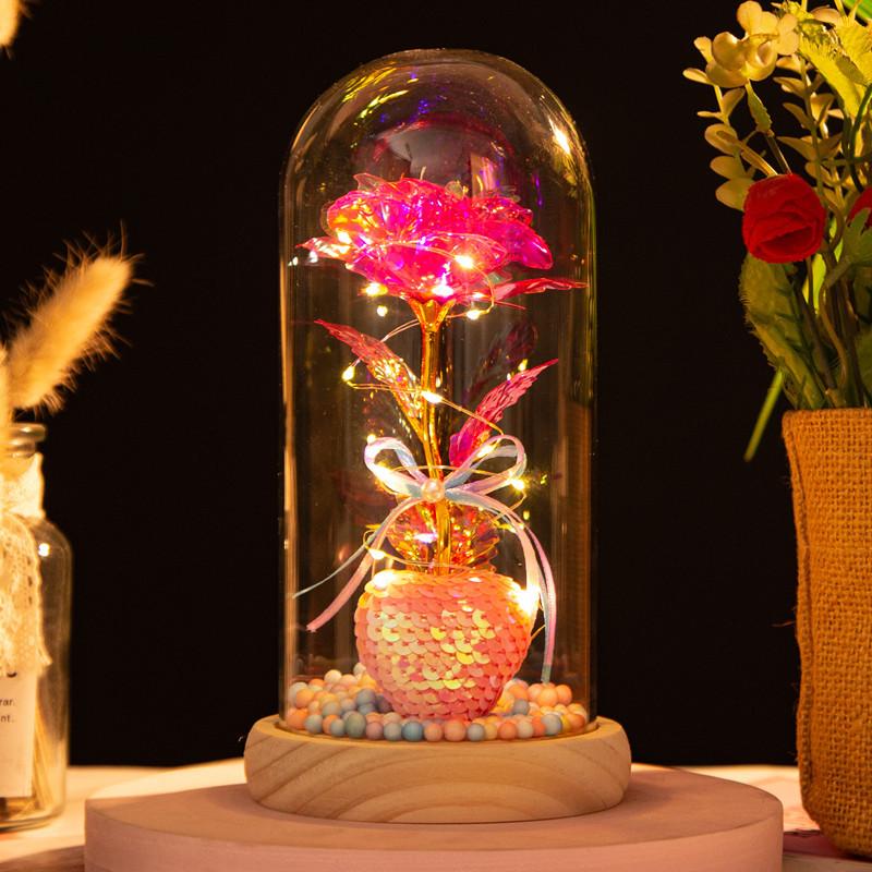 Love glass cover gold leaf flower ornament, creative mother's Valentine's Day gift, luminous simulated rose bouquet