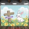 2D Religious Easter Cartoon Bunny Backdrop with Cross and Daffodils for Photoshoot