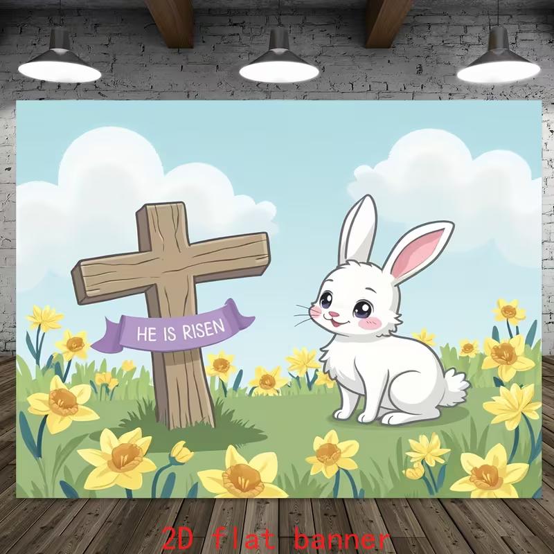2D Religious Easter Cartoon Bunny Backdrop with Cross and Daffodils for Photoshoot