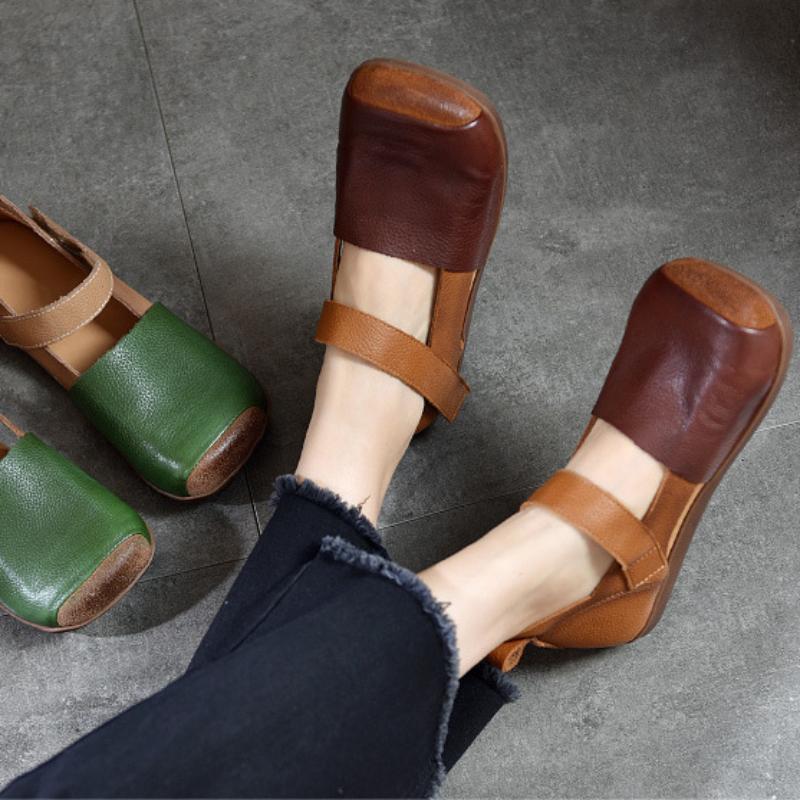 Johnature Sandali retrò in vera pelle per scarpe piatte con suola morbida e punta quadrata in colori misti da donna