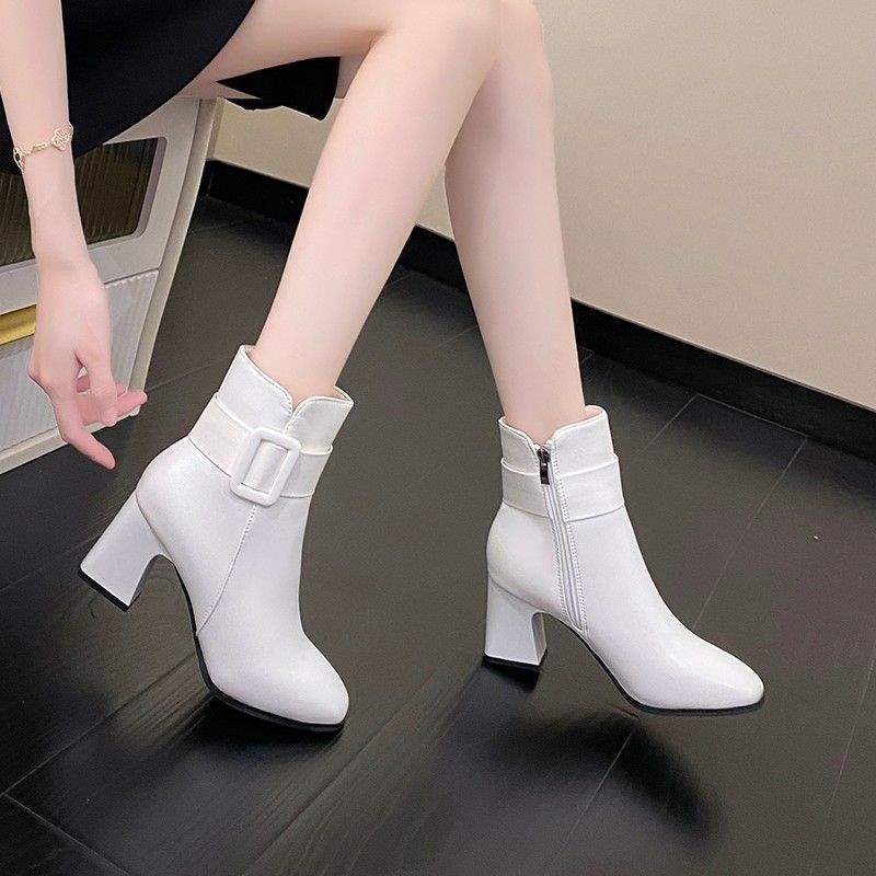 New Foreign-style White Leather Shoes Women's 2025 Short Boots Korean Version Medium Boots High Heels Women's Shoes 5com Thin Velvet Autumn and Win