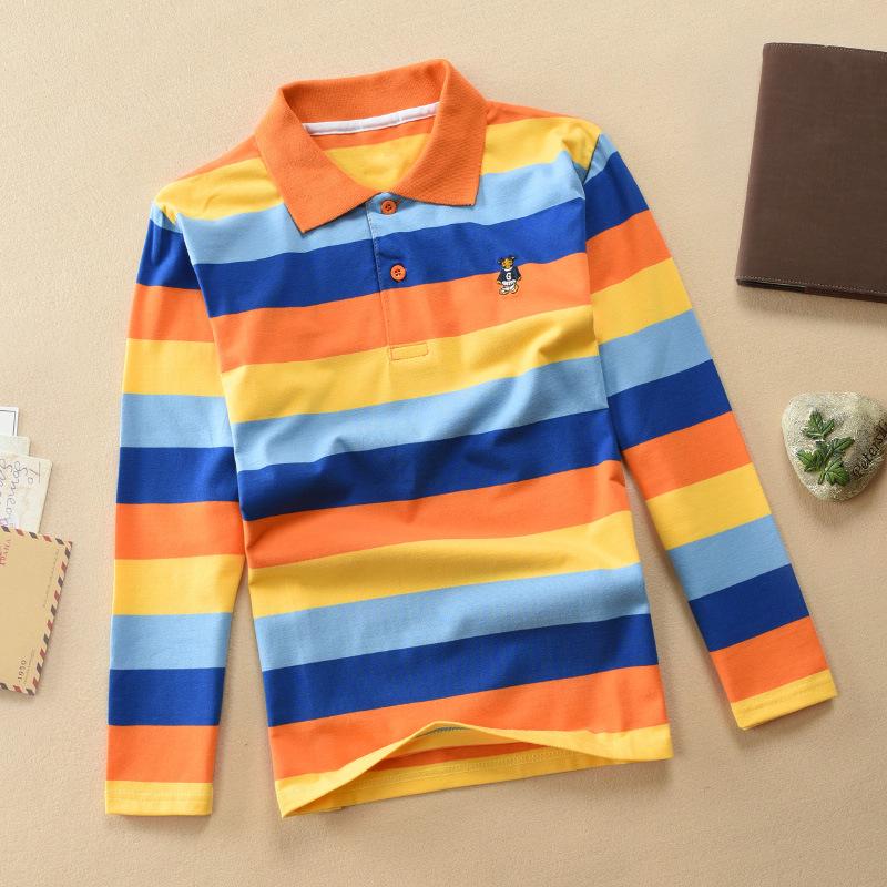 Boys' Korean Style Striped Long-Sleeve Polo Shirt with Turn-Down Collar (Sizes 100-170 cm) - Autumn & Spring Wear