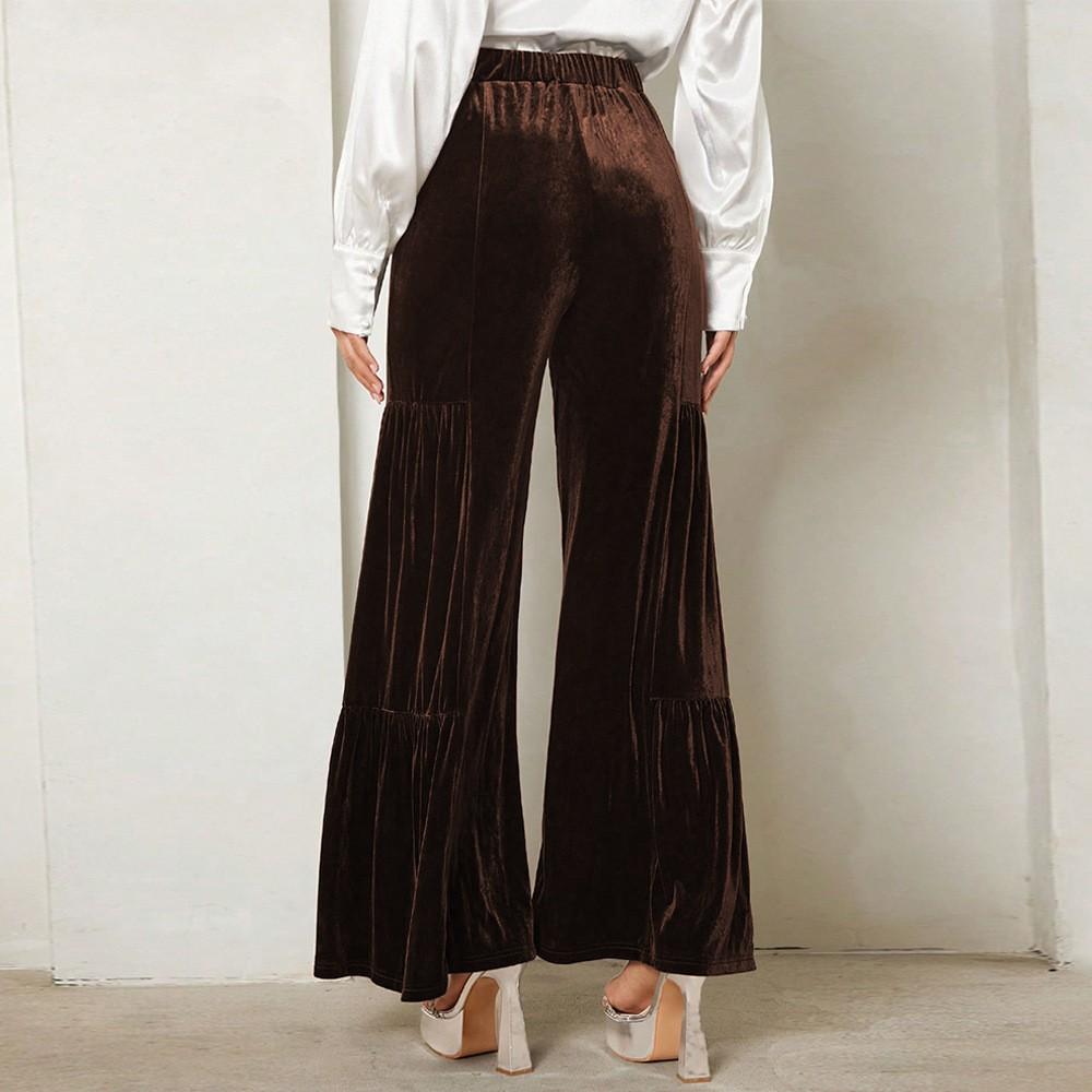 Ladies' Fashionable Commuting Velvet High Waisted Color Wide Leg Pants