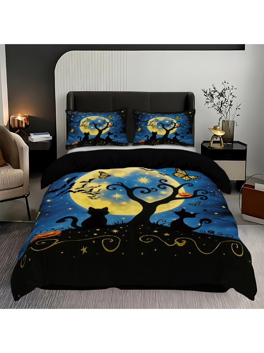 

3pcs Black Cat Printed Bedding with Coreless Set Bedroom Living Room Multiple Sizes Machine Washable Soft and Comfortable 135x200cm-EU-Single&set