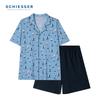 Schiesser Men's Pure Cotton Lapel Printed Short Sleeve Shorts Pajama Set, Light Blue, L