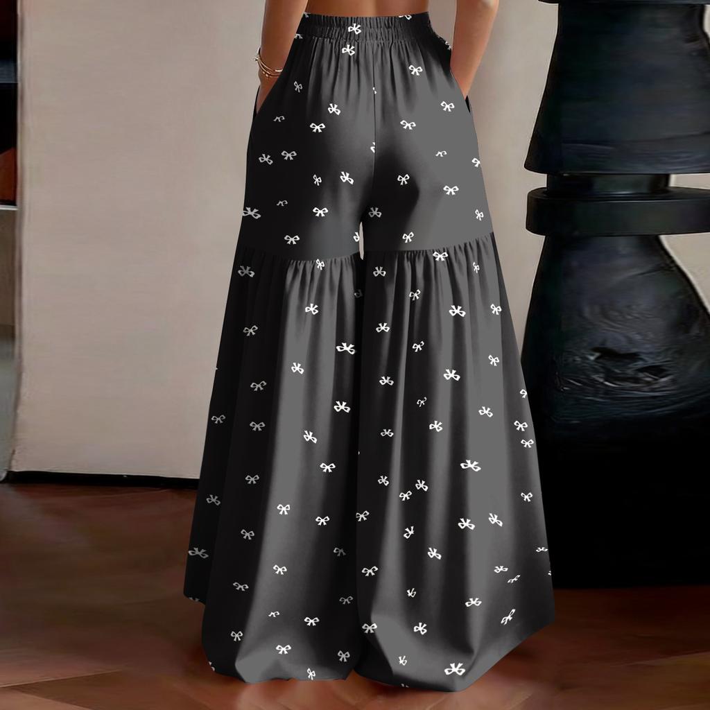 Damen High Waist Weite Beine Hose Lockerer Schnitt Leicht Fließend Bedruckte Lässige Hose Elastischer Bund Palazzo Hose