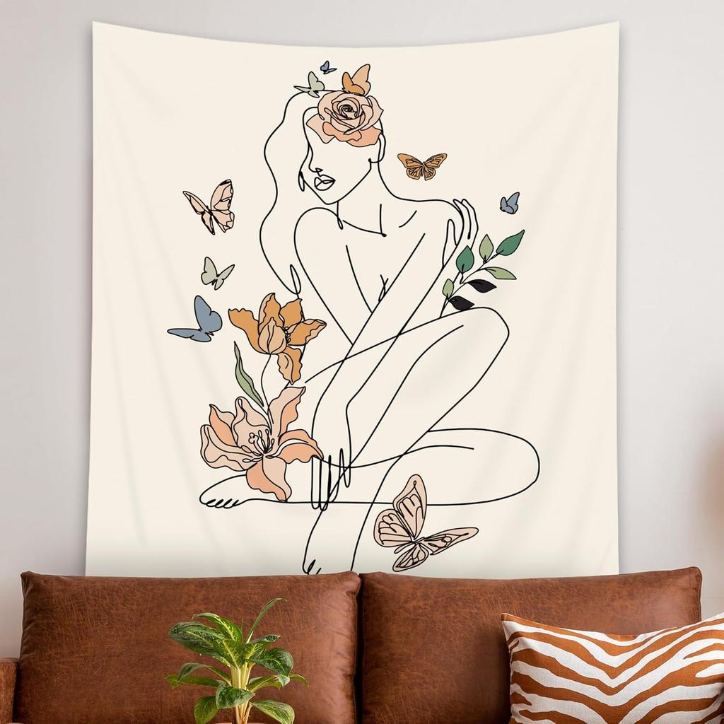 Abstract Woman Face Tapestry Floral Leaves Butterfly Art Line Lady Beige Black Flower Aesthetic Modern Sketch Minimalist Simple