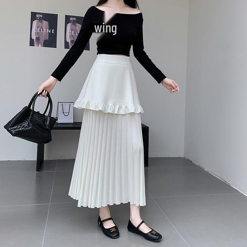 

Autumn High-Waisted Knit Wool Ruffle Two-Piece Skirt for Women with Pleats and Large Flare One Size слоновая кость