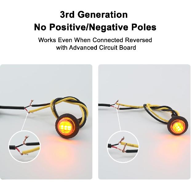 20Pcs 3/4 Inch LED Marker Lights - 3Rd Gen Round Mini Amber/Red Clearance Lights For Truck, Trailer, RV, Bus, Van, Boat, IP68 Waterproof, 12V DC