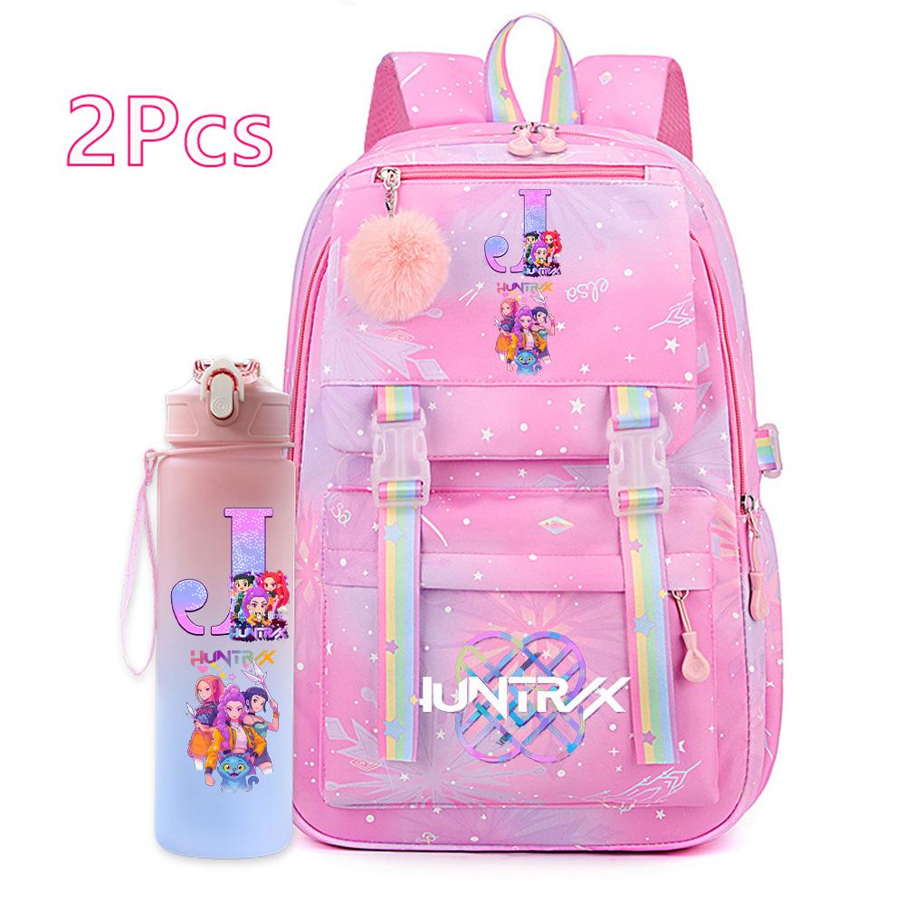 2 Stück/Set Ainme K-Pop Demon Hunters Rucksack mit englischem Buchstabenaufdruck mit Wasserflaschenhalter für Teenager Mädchen Jungen Schultasche Reisetasche