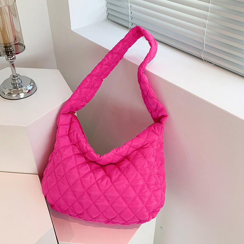 

Yogodlns Winter Women Space Cotton Shoulder Bag Lingge Embroidery Cloud Fashion Padded Crossbody Bag 38x9x34cm гарячі рожевого кольору