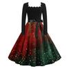 Women's Fashion Retro Long-sleeved Square Collar Christmas Printed Evening Dress