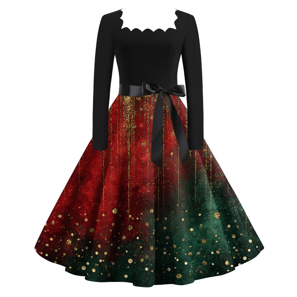 Women's Fashion Retro Long-sleeved Square Collar Christmas Printed Evening Dress