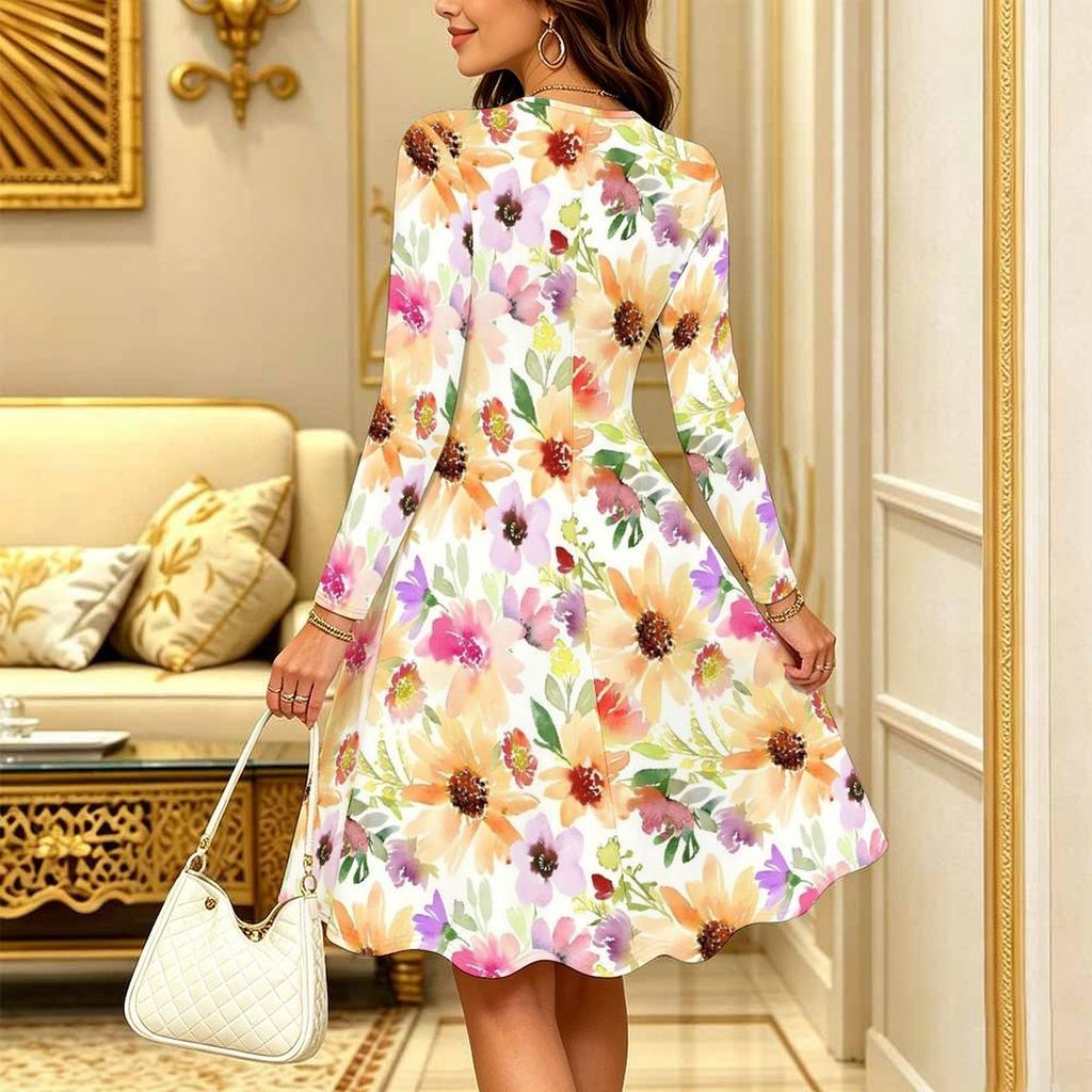 Women Long Sleeve Round Neck Midi Dress Abstract Ink Wash Floral Wave Print Flared Casual Dress