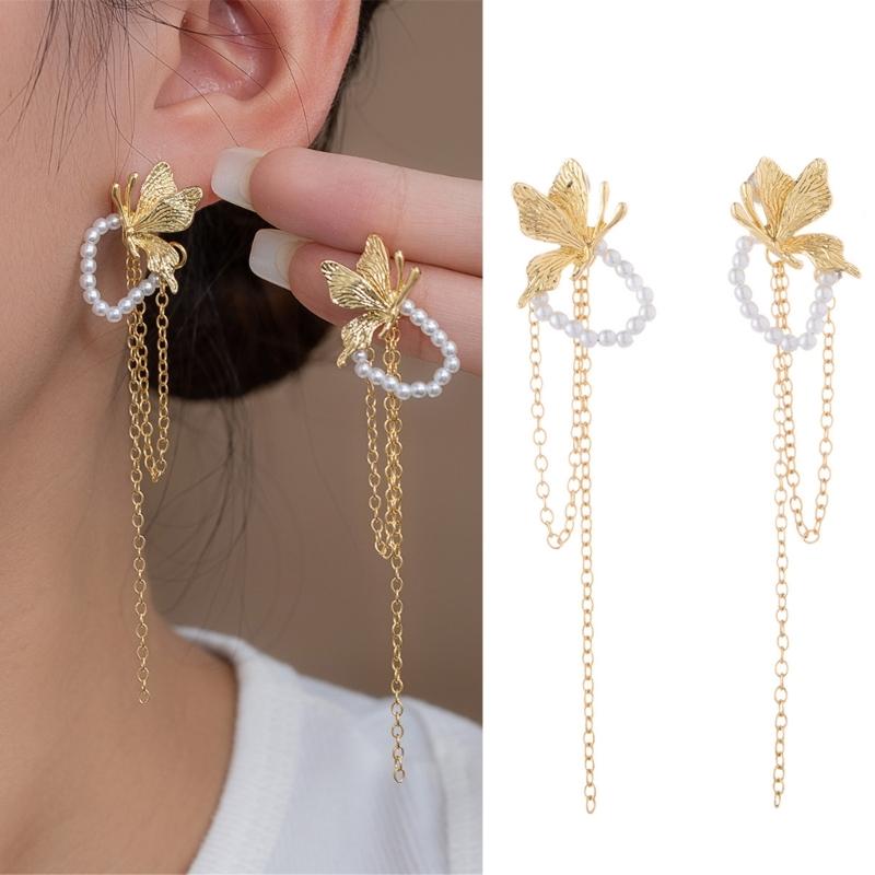 Elegant Butterfly Jewel Drop Earrings With Silver Posts Alloy Lightweight Design For Sensitive Ears