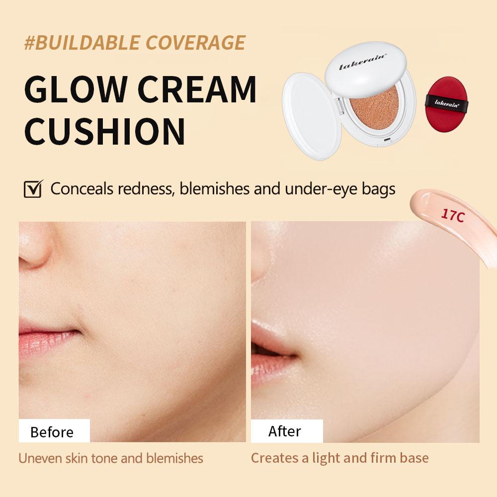 Glow Cream Cushion Foundation Hydrating 24H Long Lasting Moisturizer Natural Light Coverage Radiant Skin Finish Daily Portable Face Makeup Cosmetic