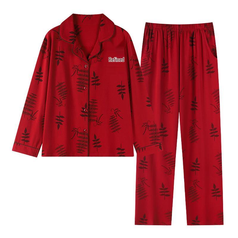 Festive Red Pure Cotton Long-Sleeve Pajama Set for Middle-Aged & Elderly Women (2026)