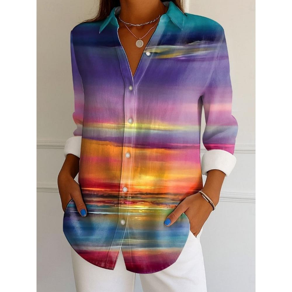 Damenhemd Ombre Grafik Elegant Vintage Tropisch Langarm Hemdkragen Reguläre Oberteile Arbeit Knöpfe Druck Sommer Frühling