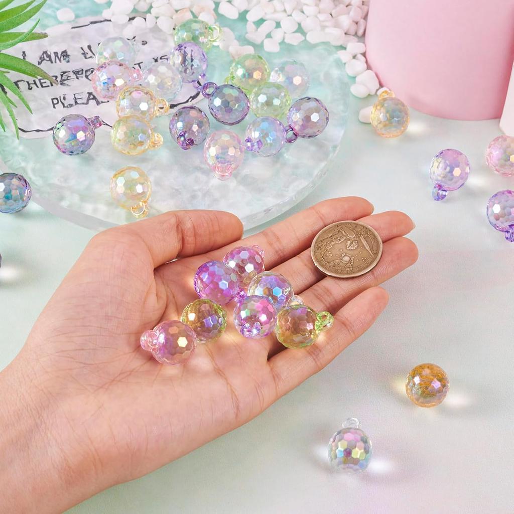 Cheriswelry 36Pcs Disco Ball Acrylic Pendants Transparent Faceted Ball Charm Ornament 21mm 6 Colors for Earring Bracelet Hair Accessory Jewelry