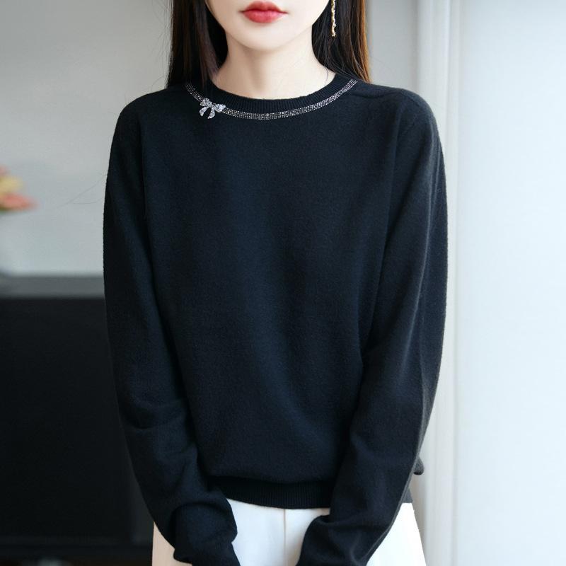 

Новый осенне-зимний вязаный свитер с круглым вырезом и длинными рукавами, со стразами и бантами, свободный свитер, базовый топ для женщин XXL чёрный