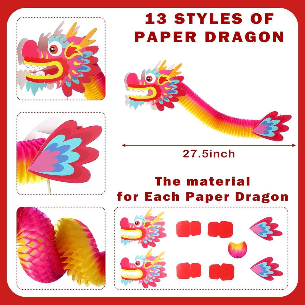 26 Pcs 2025 Chinese New Year Paper Dragon Decoration 3D Paper Dragon Pick Spring Festival Paper Dragon Puppet Chinese New Year Paper Dragon Garland