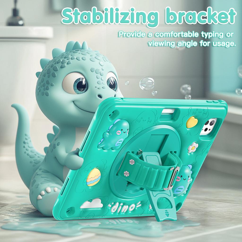For iPad Pro 11 (2024) Case with Shoulder Strap Cartoon Dinosaur Kickstand PC+Silicone+TPU Cover