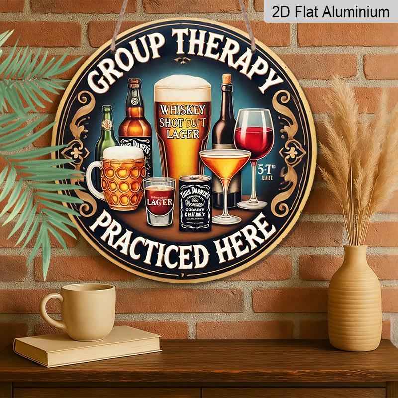 2D Flat, 1pc Round Aluminum "Group Therapy Practiced Here" Funny Drinks Metal Sign, Retro Bar Decor with Beer & Wine Art Print, Round Beer & Whiskey