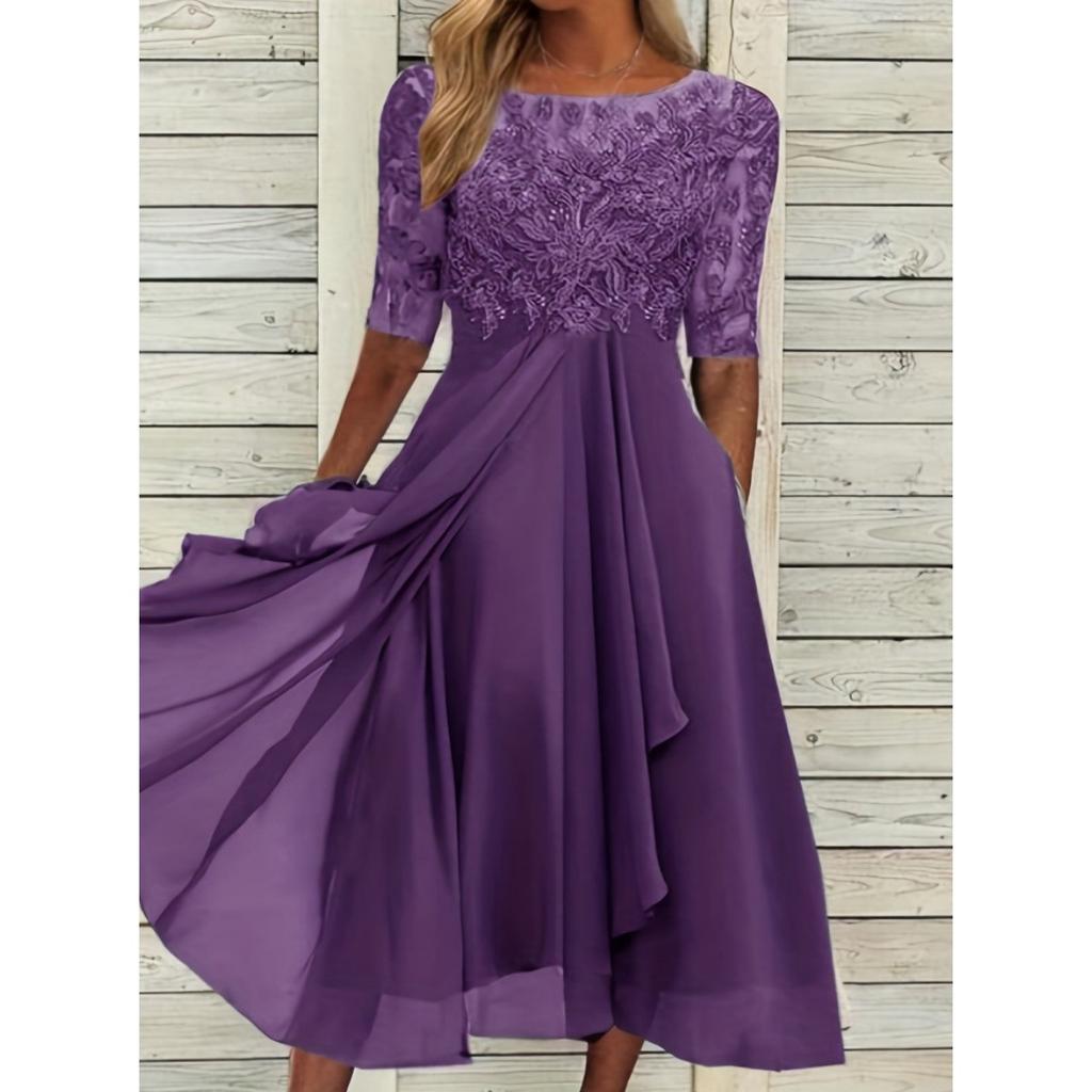 Women's Chiffon Patchwork Lace Hollow Out Long Dress Bridesmaid Evening Party Gown European Style Crossbody Dress for Formal Occasion