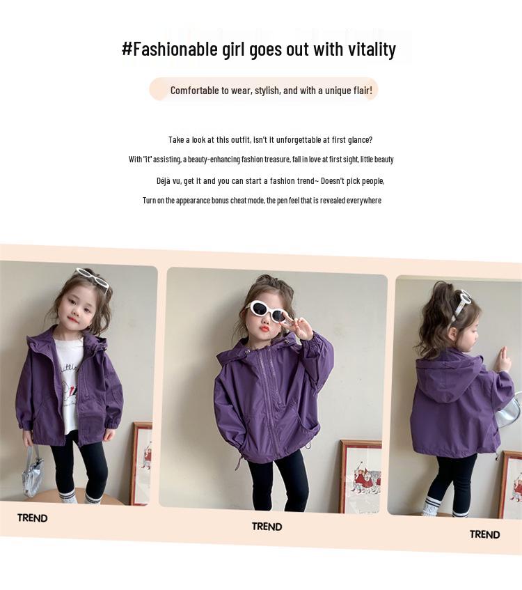 Autumn 2025 Korean Style Girls' Hooded Windbreaker Coat with Double Zipper