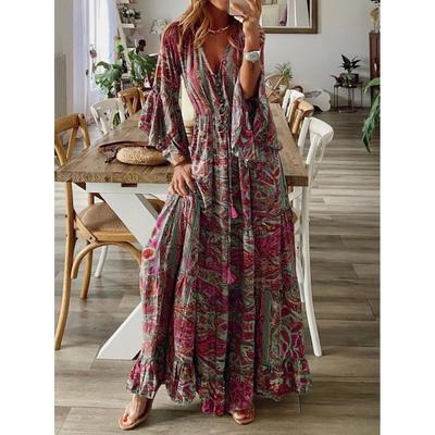Langes Urlaubskleid im Bohemian-Stil mit Glockenärmeln, V-Ausschnitt und hoher Taille für Damen