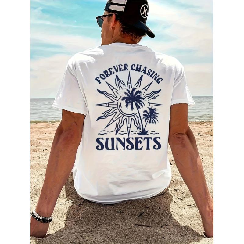 

European sizes Men S Casual Crew Neck T-Shirt with Sunset & Palm Tree Graphic Print, FOREVER CHASING SUNSETS Lettering 4XL білий