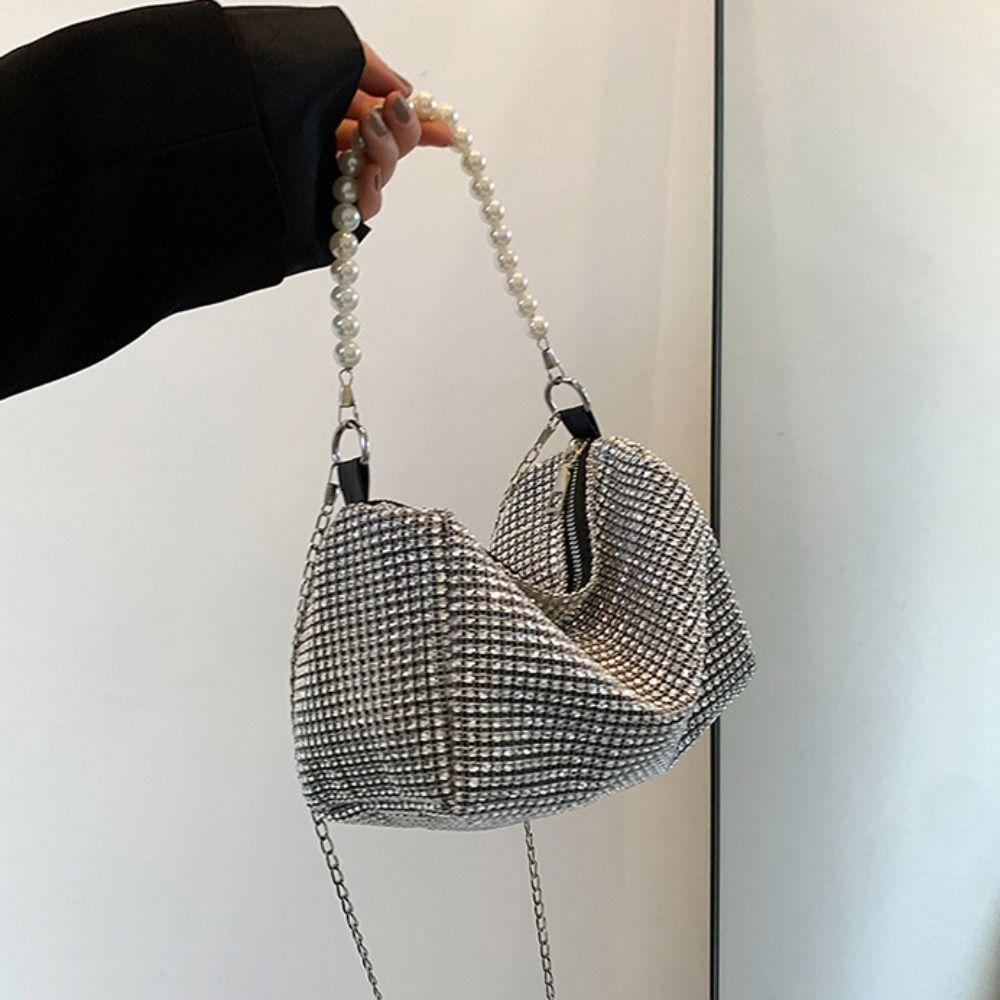 Fashion Rhinestone Shoulder Bag Pearl Chain Bag Phone Pouch Zipper Crossbody Bag for Women Handbag
