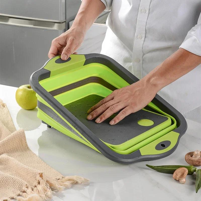 Opvouwbare Snijplank met Vergiet Multifunctionele Siliconen Opvouwbare Snijplank Afwasbak Mand Afdruiprek Keukenopslag